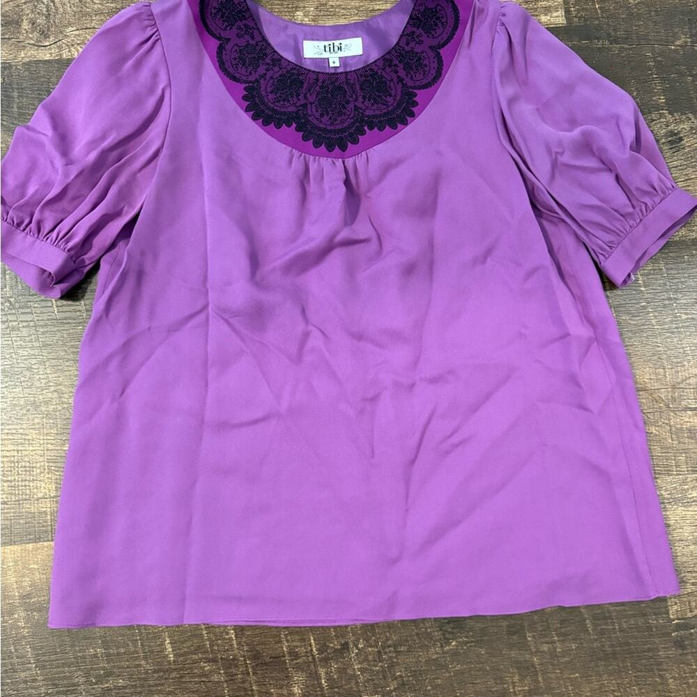 Purple Silk Women's Top with Black Lace Detail